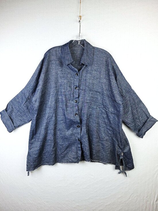 Skif Tops - SKIF Tunic Top Linen Cotton Button-Up Shirt Oversized Lagenlook Navy O/S USA